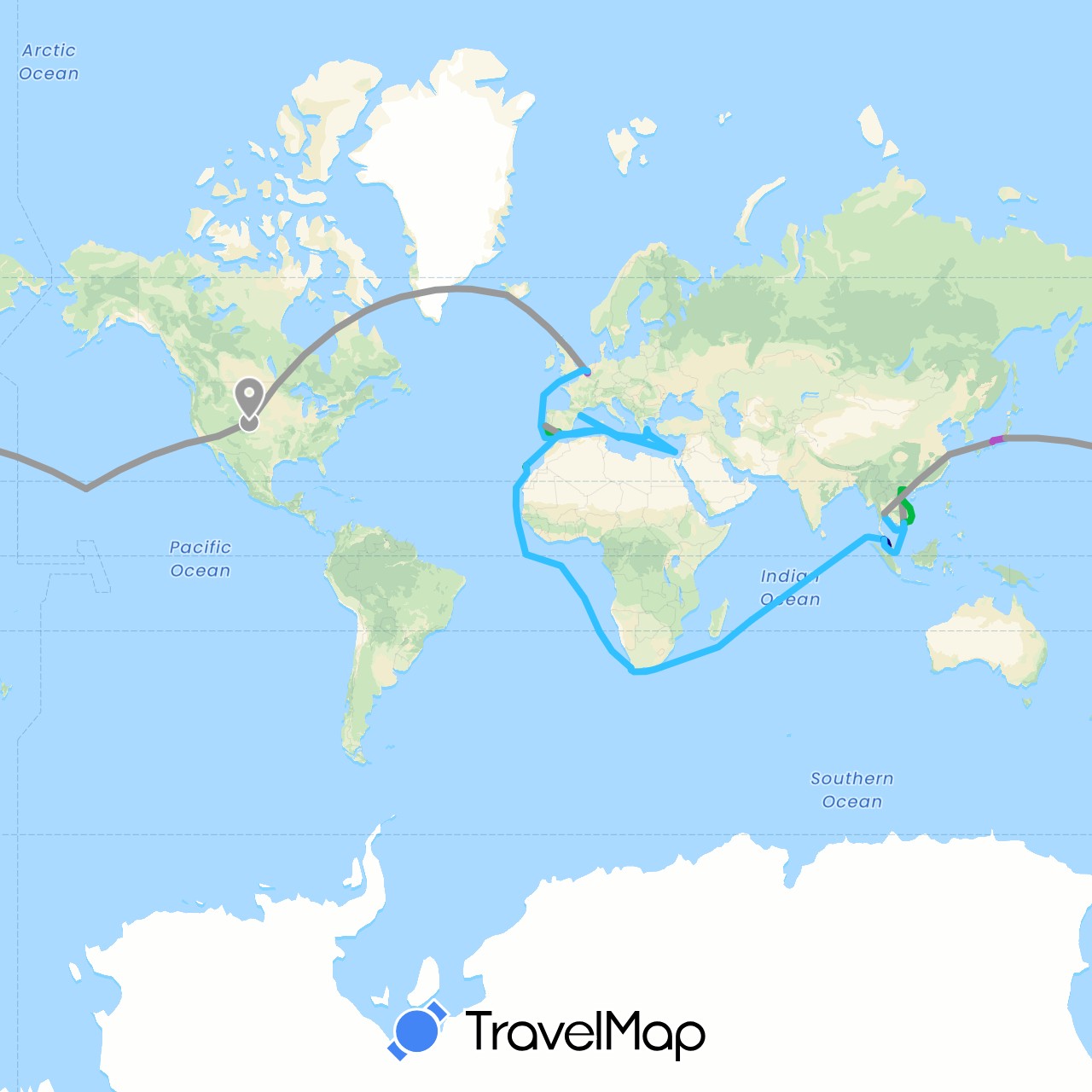 TravelMap itinerary: driving, bus, plane, train, boat in Belgium, China, Egypt, Spain, Gibraltar, Greece, Iceland, Japan, Malta, Mauritius, Malaysia, Portugal, Thailand, United States, Vietnam, South Africa (Africa, Asia, Europe, North America)
